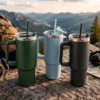 Caneca térmica com capacidade de 1,3 litros, fabricada em inox reciclado com parede dupla, sendo aço 304 na parte interna e aço 201 na externa. O acabamento em pintura a pó proporciona uma superfície uniforme e agradável ao toque, enquanto a tampa e 