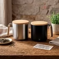 Caneca térmica produzida em aço inox, com capacidade de 330ml e estrutura de parede dupla que auxilia na conservação da temperatura da bebida. O modelo acompanha tampa em bambu, criando um fechamento elegante e um contraste natural com o acabamento m