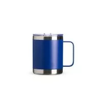 Caneca térmica de inox 350ml com parede dupla. Tampa acrílica com bocal e trava de segurança.