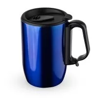 Caneca de parede dupla em inox, 350ml. Tampa de pressão em plástico com abertura deslizante. Alça em plástico e base em EVA antiderrapante.