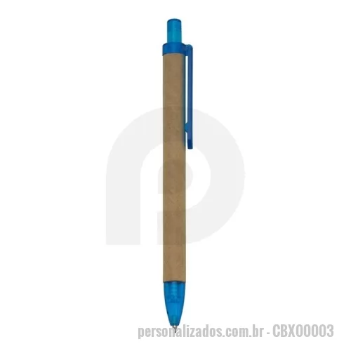 Caneta biodegradável personalizada - Caneta biodegradável Personalizada - CBX00003  - aneta Ecológica em Papelão com Detalhes Translúcidos e Acionamento por Clique Sustentável e funcional, esta caneta une design consciente com praticidade no uso diário. Com corpo feito em papelão reciclável e detalhes plásticos translúcidos, ela é perfeita para ações promocionais que valorizam o meio ambiente sem abrir mão da eficiência.  Conta com carga esferográfica azul (1.0 mm) para uma escrita suave e precisa, além de sistema de acionamento por clique, que oferece agilidade e conforto. Uma ótima opção de brinde ecológico com excelente custo-benefício.  ???? Especificações Técnicas: Comprimento: 13,6 cm  Largura: 1,3 cm  Peso aproximado: 6 g  Área para personalização: 4,2 cm x 0,7 cm  Tinta: Azul (1.0 mm)  Acionamento: Clique  Material: Papelão com detalhes plásticos translúcidos - 175882 - Caneta biodegradável