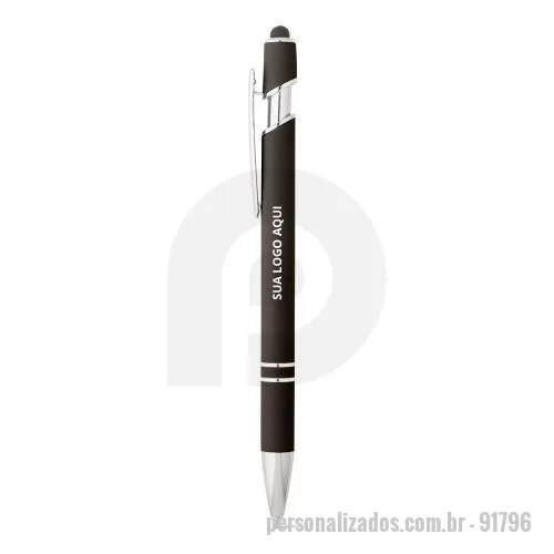 Caneta com clip personalizada - A Caneta Esferográfica em Alumínio é moderna e funcional, ideal para uso diário ou como brinde corporativo sofisticado. Com acabamento emborrachado e clipe metálico, oferece conforto na escrita e estilo elegante. Possui ponteira touch no topo, permitindo uso em telas sensíveis ao toque. Sua escrita em azul tem autonomia de até 1,5 km, garantindo durabilidade e praticidade.  Dimensões:  ø10 x 143 mm  Personalização: Gravação a laser