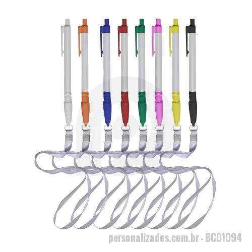 Caneta com cordão personalizada - Caneta Plástica com Cordão