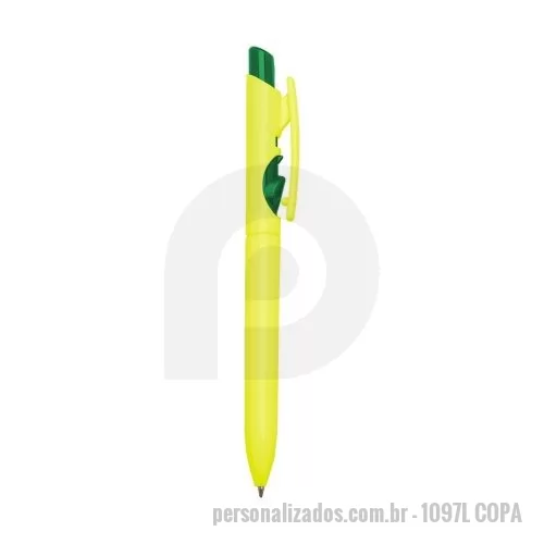 Caneta Copa do Mundo personalizada - Caneta esferográfica corpo amarelo com botão acionador verde, para campanha Copa do Mundo com excelente custo-benefício.
