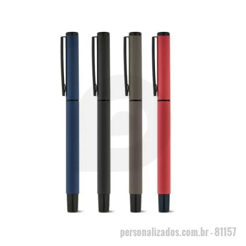 Caneta de alumínio personalizada - Roller em alumínio com clipe acabamento emborracha. Disponível em várias cores. Escrita em preto.  10 x 136 mm