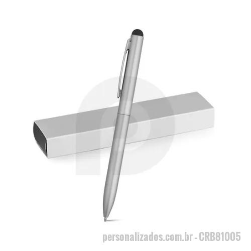 Caneta de alumínio personalizada - Caneta Esferográfica em alumínio com ponteira touch twist  Personalizada Esferográfica em alumínio, com mecanismo twist e ponteira touch, em silicone e clipe de metal. Escrita em azul.  Até 2 km de escrita. Fornecido com caixa presente desmontada. ø10 x 142 mm |