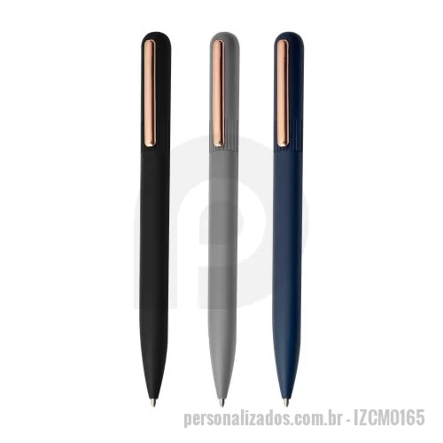 Caneta de alumínio personalizada - Caneta esferográfica em alumínio e clip em latão reciclável com escrita em azul.