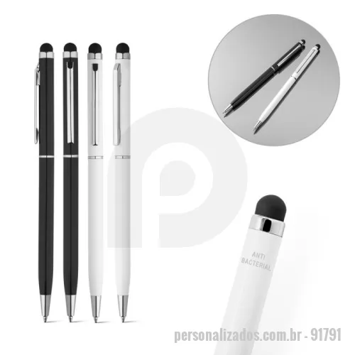Caneta de alumínio personalizada - Caneta esferográfica em alumínio com tratamento antibacteriano, segundo a certificação ISO22196. A esferográfica tem clipe de metal, mecanismo twist, ponteira touch e escrita em azul até 1,5 km. ø7 x 132 mm