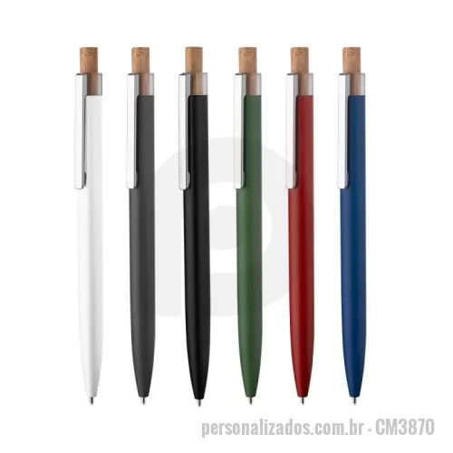 Caneta de alumínio personalizada - Caneta esferográfica em alumínio reciclável com escrita em azul. Refil parker e acionador em bambu. *apresenta símbolo de reciclável na parte traseira da caneta.