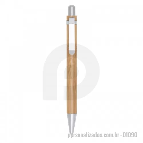 Caneta de bambu personalizada - Caneta de bambu Personalizada - 01090 - Caneta de bambu com clipe metálico, carga esferográfica azul e acionamento por clique. - 150127 - Caneta de bambu