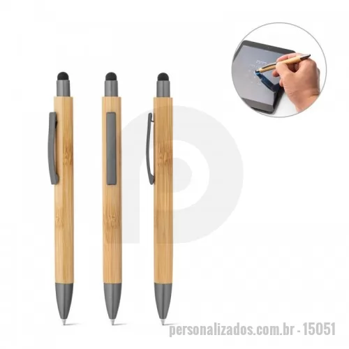 Caneta de bambu personalizada -  caneta em bambu com ponteira touch