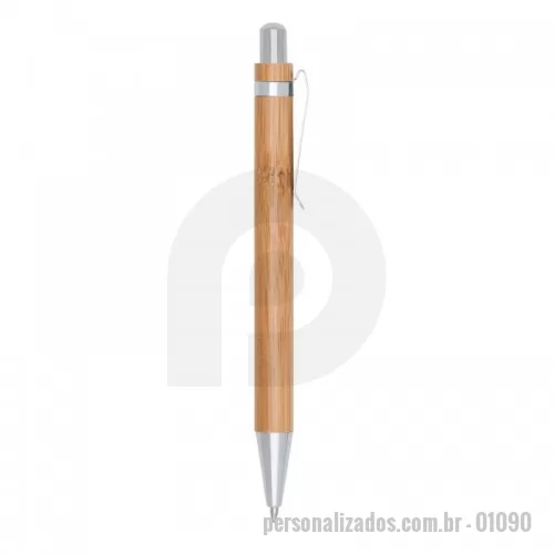 Caneta de bambu personalizada - Caneta de bambu com clipe metálico, carga esferográfica azul e acionamento por clique.