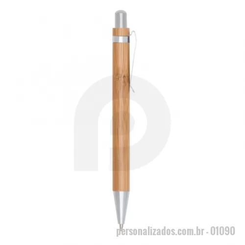 Caneta de bambu personalizada -  Caneta Ecológica de BambuCaneta Ecológica de Bambu 01090 Caneta Ecológica de Bambu  Descrição: Caneta de bambu com clipe metálico, carga esferográfica azul 1.0 mm e acionamento por clique.