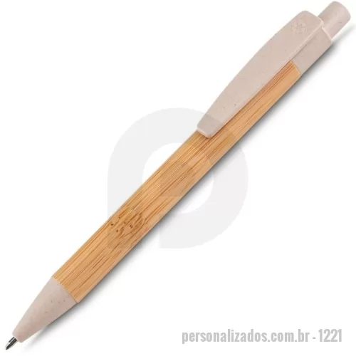 Caneta de bambu personalizada - Caneta corpo de bambu com detalhes em plástico. Acompanha estojo de papel bambu print.