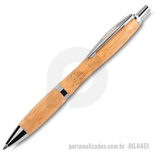 Caneta de bambu personalizada - Caneta corpo de bambu com detalhes em metal. Acompanha estojo de papel bambu print.