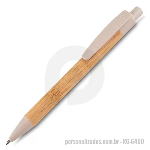Caneta de bambu personalizada - Caneta corpo de bambu com detalhes em plástico. Acompanha estojo de papel bambu print.