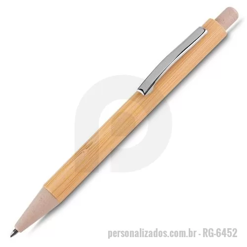 Caneta de bambu personalizada - Caneta corpo de bambu com detalhes em plástico e metal. Acompanha estojo de papel bambu print.