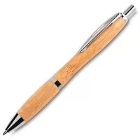 Caneta corpo de bambu com detalhes em metal. Acompanha estojo de papel bambu print.
