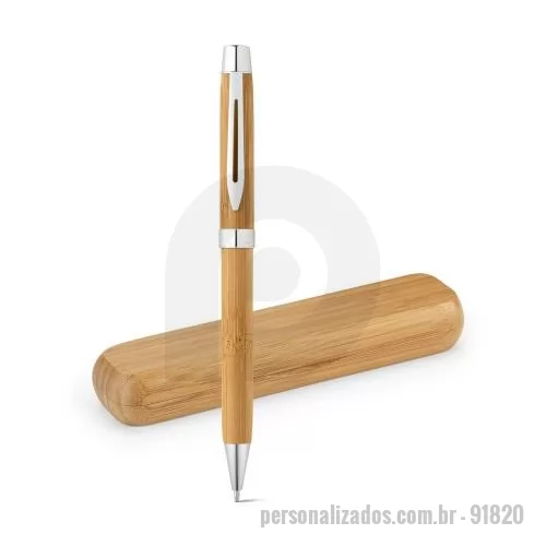 Caneta ecológica personalizada - Esferográfica em bambu com mecanismo twist e clipe em metal. Fornecida em estojo de bambu. Esferográfica amiga do ambiente.