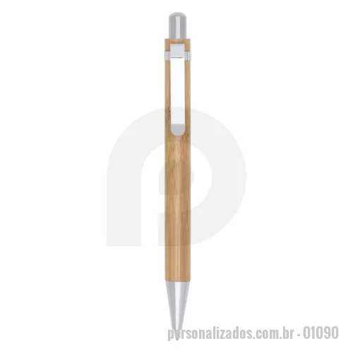 Caneta ecológica personalizada -  Caneta de bambu com clipe metálico, carga esferográfica azul e acionamento por clique.  Além desse modelo, temos dezenas de outras opções de canetas