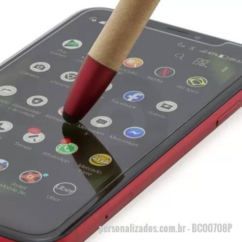Caneta ecológica personalizada - Caneta de papelão com detalhes plásticos, contém suporte para celular, ponteira touch screen e limpador de tela. Carga esferográfica azul 1.0 mm e