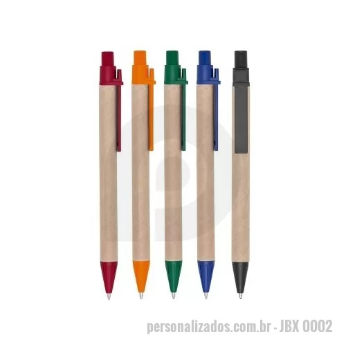 Caneta ecológica personalizada - Caneta de papelão com detalhes plásticos, carga esferográfica azul 1.0 mm e acionamento por clique.