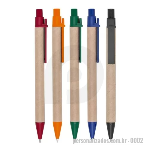 Caneta ecológica personalizada - Descrição: Caneta de papelão com detalhes plásticos, carga esferográfica azul 1.0 mm e acionamento por clique.   OBS.: PEDIDOS MÍNIMO DE 50 PEÇAS!  Altura :  14 cm  Largura :  1,5 cm  Medidas aproximadas para gravação (CxL):  3,7 cm x 0,7 cm