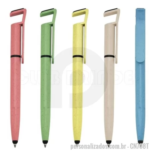 Caneta ecológica personalizada - Caneta fibra de bambu com suporte para celular, ponteira touch screen e limpador de tela. Carga esferográfica azul 1.0 mm e acionamento por rotação. Gravação da logomarca em 1 cor já inclusa.