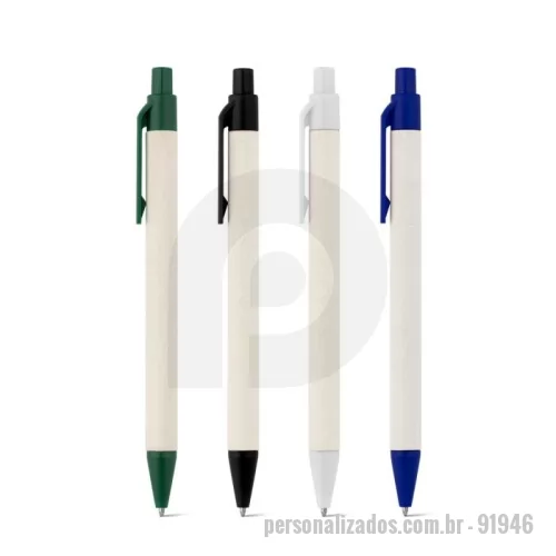 Caneta ecológica personalizada - Caneta esferográfica produzida através de pacotes de leite reciclados, contribuindo para o reaproveitamento do cartão e alumínio. Corpo em cartão e componentes coloridos em ABS 100% reciclado. Escrita em azul até 1,5 km. ø10 x 139 mm