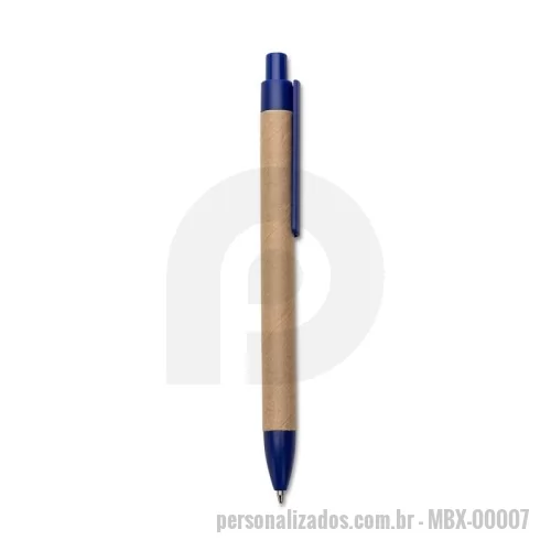 Caneta ecológica personalizada - Caneta de papelão com detalhes plásticos, carga esferográfica azul  1.0 mm e acionamento por clique.