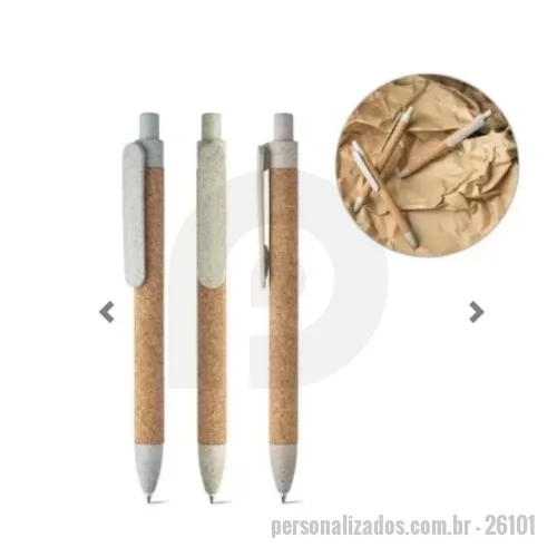 Caneta ecológica personalizada - Canetas Esferográficas em cortiça com clipe e elementos coloridos em fibra de trigo e PP. Tamanho ø11 x 140 mm. Personalização no Corpo a Laser 85 x 5mm e Tampografia no clipe 35 x 6mm