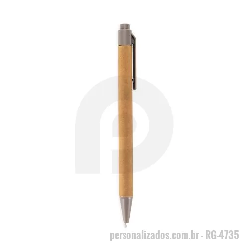 Caneta ecológica personalizada - Caneta com corpo em papelão, ponteira e clip em plástico ABS, com acionamento por clique e carga esferográfica azul de 1,0mm.