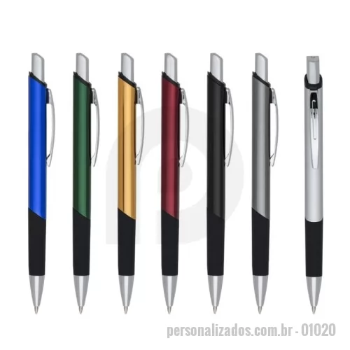 Caneta emborrachada personalizada -  Caneta metálica com design quadrangular, acabamento brilhante (exceto a prata) e detalhe emborrachado, carga esferográfica azul e acionamento por clique.