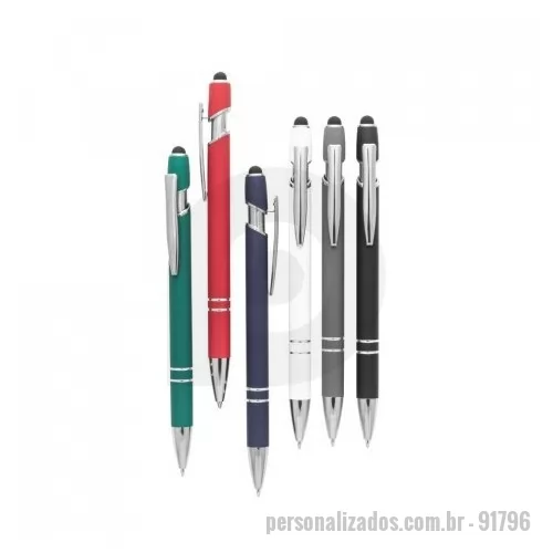 Caneta emborrachada personalizada - Esferográfica em alumínio com acabamento emborrachado. A esferográfica tem escrita em azul, ponteira touch no topo da esferográfica e clipe de metal. ø10 x 143 mm