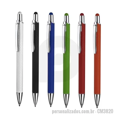 Caneta emborrachada personalizada - Caneta esferográfica em alumínio reciclavel com escrita em azul. Refil tipo parker e ponta touch emborrachada. *apresenta símbolo de reciclável na parte traseira da caneta.