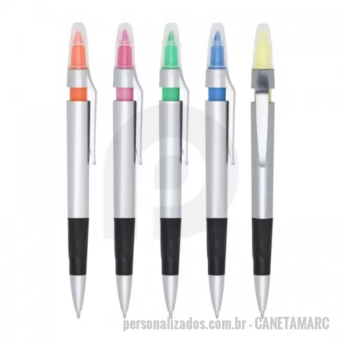 Caneta marca texto personalizada - Caneta plástica com marca texto, contém detalhe emborrachado e tampa protetora para o marca texto. Carga esferográfica azul e acionamento por clique.