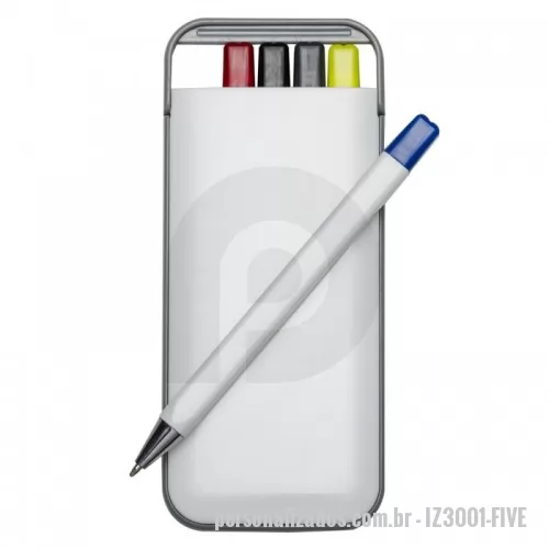 Caneta marca texto personalizada - Kit 5 em 1 branco em estojo plástico, contém canetas com as cargas: azul, preto e vermelho; marca texto amarelo e lapiseira