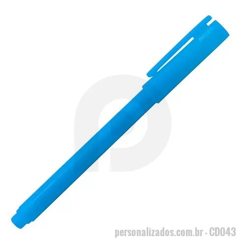 Caneta marca texto personalizada - Caneta marca texto com tinta fluorescente inodora de alta durabilidade, o marca texto personalizado conta com ponta de poliéster super resistente chanfrada, que permite duas espessuras de traços. Disponível nas cores amarela, azul, laranja, rosa, verde ou vermelha, permite personalização com sua marca em gravada em serigrafia. 