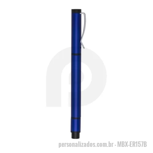 Caneta marca texto personalizada - Caneta metálica com marca texto amarelo e carga esferográfica azul 1.0mm, ambas com tampas protetoras.
