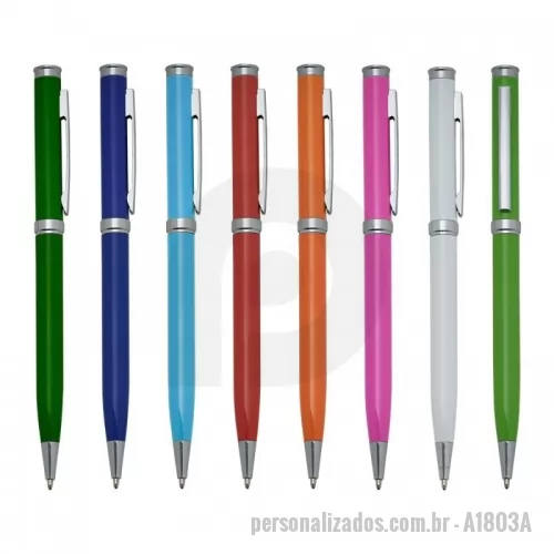 Caneta metálica personalizada - Caneta semimetal com pintura brilhante colorida e detalhes em prata. Clip metálico, acionamento por giro e carga esferográfica azul.