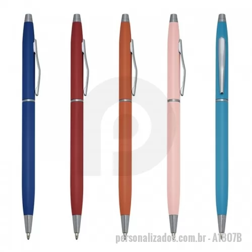 Caneta metálica personalizada - Caneta semimetal com pintura fosca colorida e detalhes em prata. Clip metálico, acionamento por giro e carga esferográfica azul.