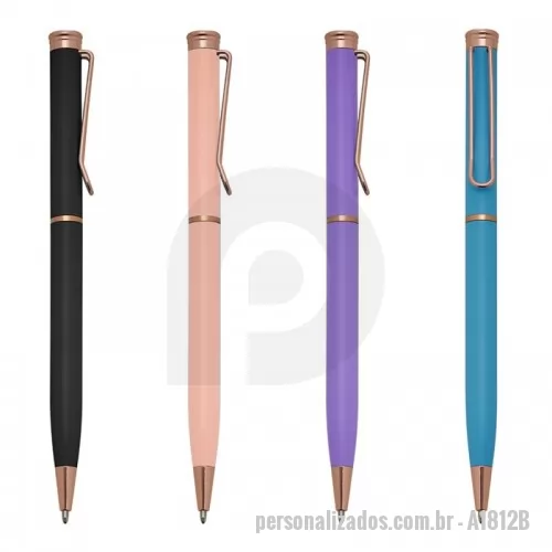 Caneta metálica personalizada - Caneta semimetal bronze com detalhe inferior colorido em pintura fosca. Clip metálico, acionamento por giro e carga esferográfica azul.