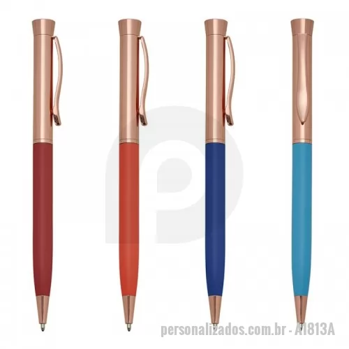 Caneta metálica personalizada - Caneta semimetal com pintura fosca colorida e detalhes em bronze. Clip metálico, acionamento por giro e carga esferográfica azul.