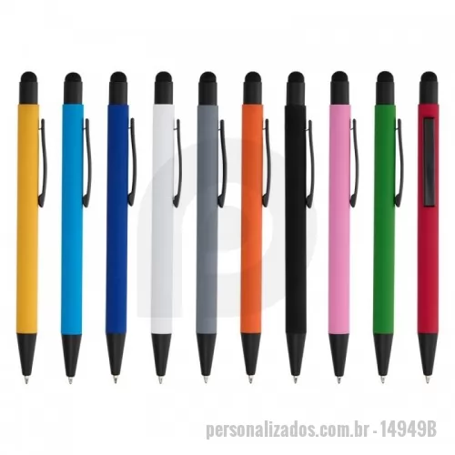 Caneta metálica personalizada - Caneta metal. Caneta metálica touchscreen com acabamento emborrachado, acionamento por clique e carga esferográfica azul 1.0mm.