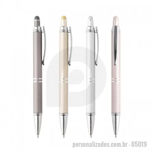 Caneta metálica personalizada - Caneta metal personalizada. Caneta metálica touchscreen com parte inferior texturizada, acionamento por clique e carga esferográfica azul 1.0mm.