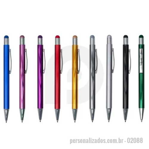 Caneta metálica personalizada - Caneta metálica com touch screen, carga esferográfica azul e acionamento por clique.