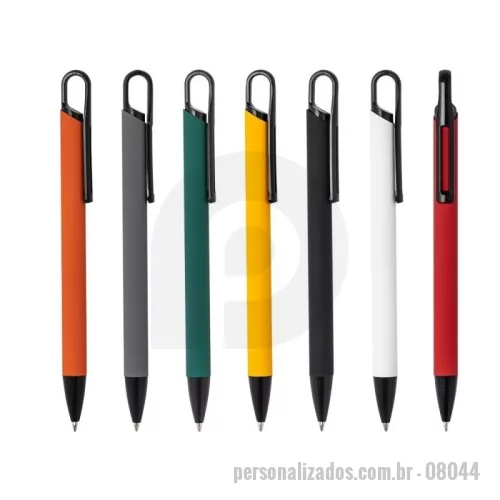 Caneta metálica personalizada - Caneta metálica com acabamento similar à borracha, carga esferográfica azul 1.0mm e acionamento por clique.