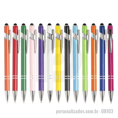 Caneta metálica personalizada - Caneta metal touch personalizada, Para anotar cada detalhe com elegância. Nossa Caneta Metálica Touchscreen une sofisticação e praticidade em cada movimento. Com seu acabamento brilhante e acionamento por clique, ela possui carga esferográfica azul de 1.0mm, garantindo uma escrita precisa. Além disso, com a ponta touchscreen é possível utilizá-la em dispositivos eletrônicos sem tocar diretamente na tela, evitando manchas indesejadas.