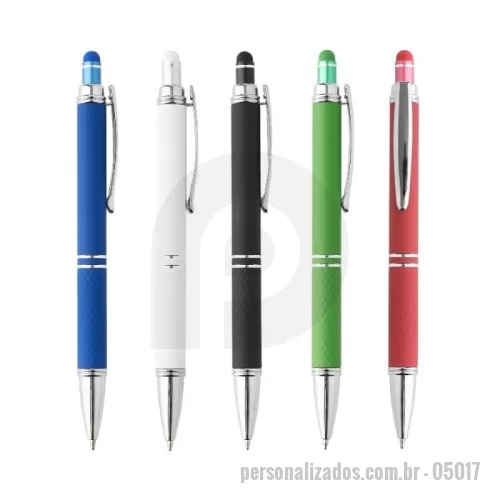 Caneta metálica personalizada - Caneta metálica touchscreen com acabamento similar à borracha e parte inferior texturizada, acionamento por clique e carga esferográfica azul 1.0mm.