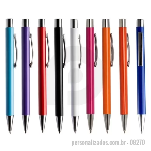 Caneta metálica personalizada - Descrição: Essa caneta metálica é perfeita para tornar as anotações do dia a dia mais eficientes. Com acionamento por clique e carga esferográfica azul de 1.0mm, ela garante uma escrita suave e confortável em qualquer ocasião.
